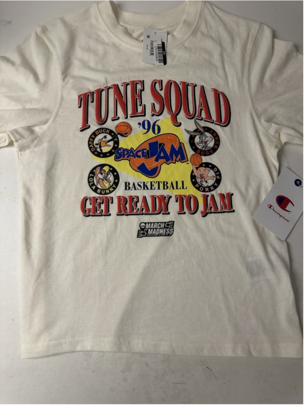 NWT Champion Space Jam Tune Squad 96 T Shirt Mens M Cream NCAA March Madness